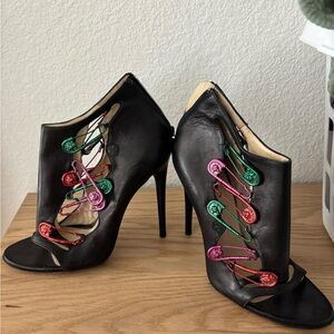 Versus Versace Black Leather Heels with Pink Green Red Safety Pin Details